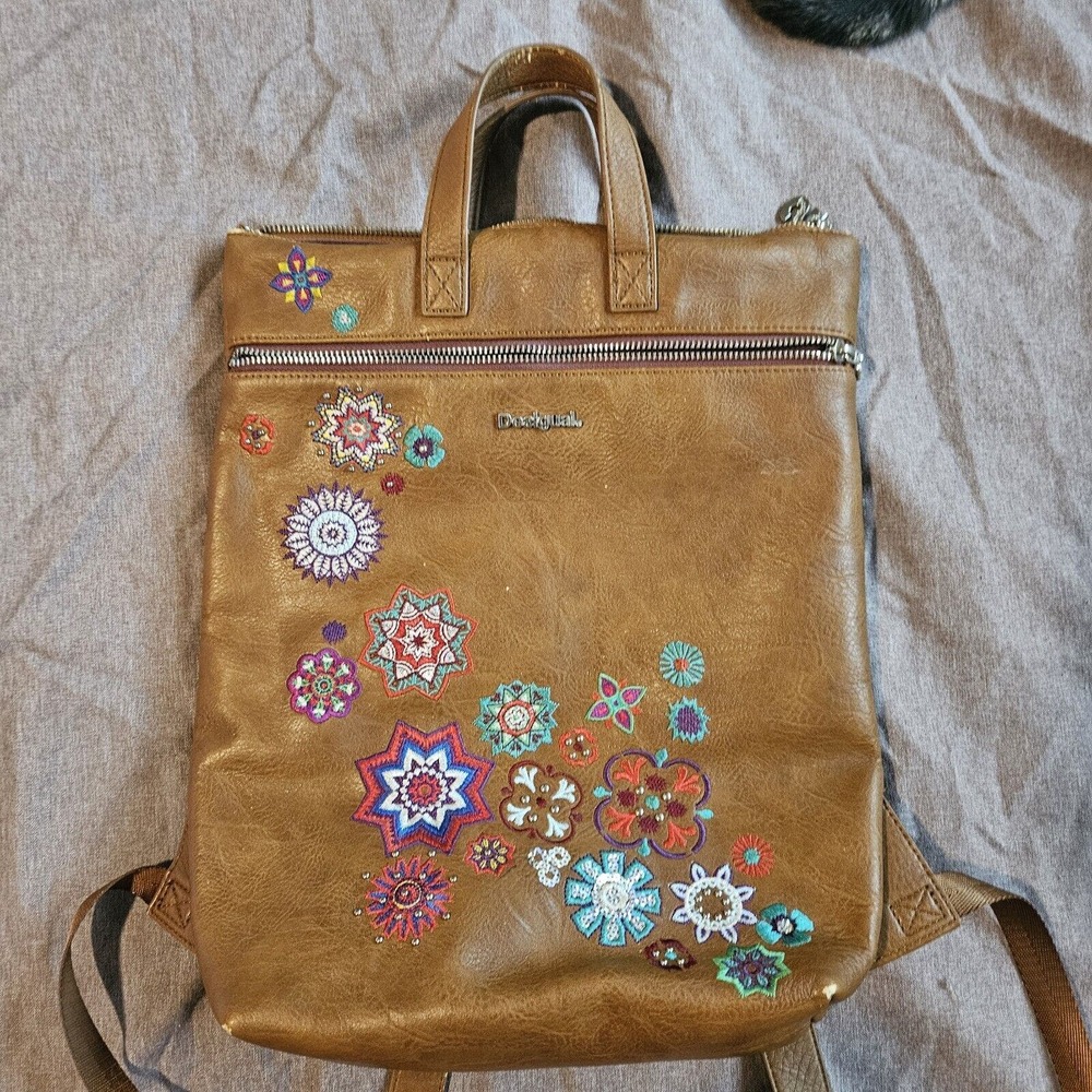 Desigual Brown Vegan Leather Embroidered Backpack Stunning. Clean. - Picture 15 of 16